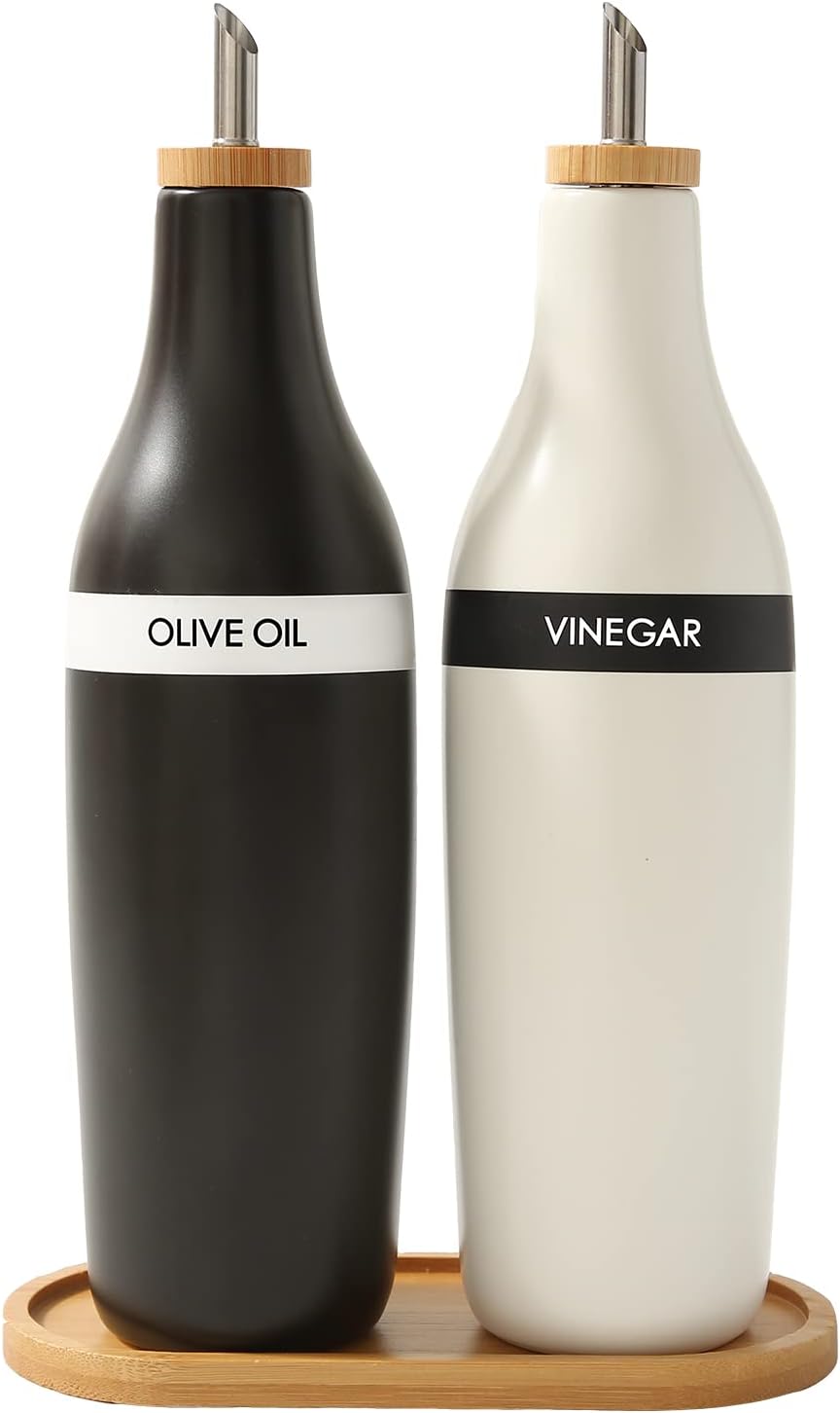HOMCDALY Olive Oil and Vinegar Dispenser Set, Two 16oz Ceramic Oil Dispenser for Kitchen, Kitchen Dispenser Bottle for EVOO Vinegar Syrups, Modern Farmhouse Design| Set of 2 –Black &white