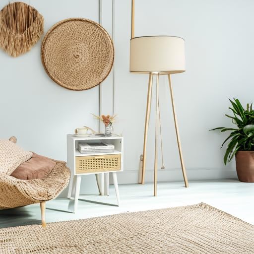 MaxSmeo Nightstand with Charging Station, Bedside Tables with Rattan Drawer, Mid Century Modern Nightstand, End Table for Living Room, Bedroom and Small Spaces, Easy Assembly (White)