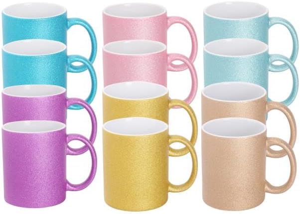 11oz White Ceramic Sublimation Coffee Mug in White Gift Box, 6 Sparkling Mixed Colors, Case of 12