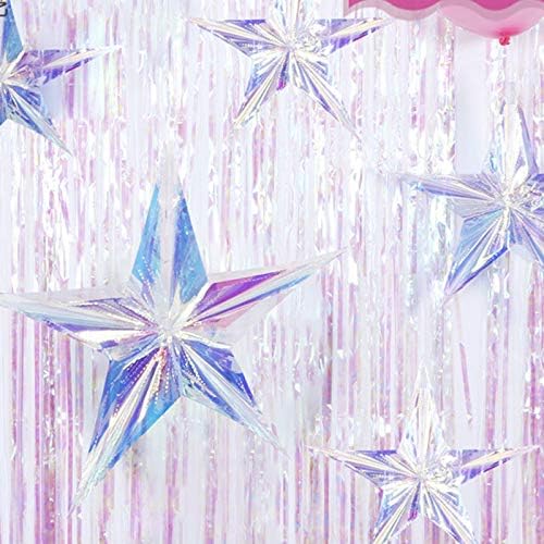 12 Inch Diameter Iridescent Ornament Star Hanging Decorations, Clear Foil Decorative Folding Decor, Rainbow Shine Party Ornaments for Bridal Shower Wedding Birthday Frozen Theme Party Decorations