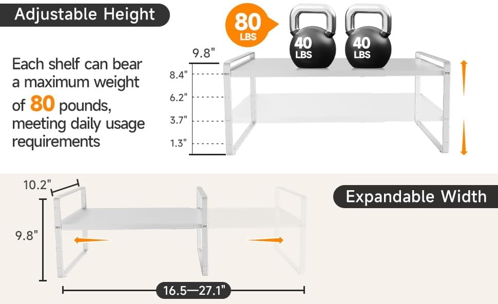 16.5~27.1" Expandable Shelf Organizer, 1Pack 10.2" Wide Stackable Cabinet Shelf Organizers, White Metal Sturdy Kitchen Counter Storage for Countertop, Adjustable Height Spice Rack