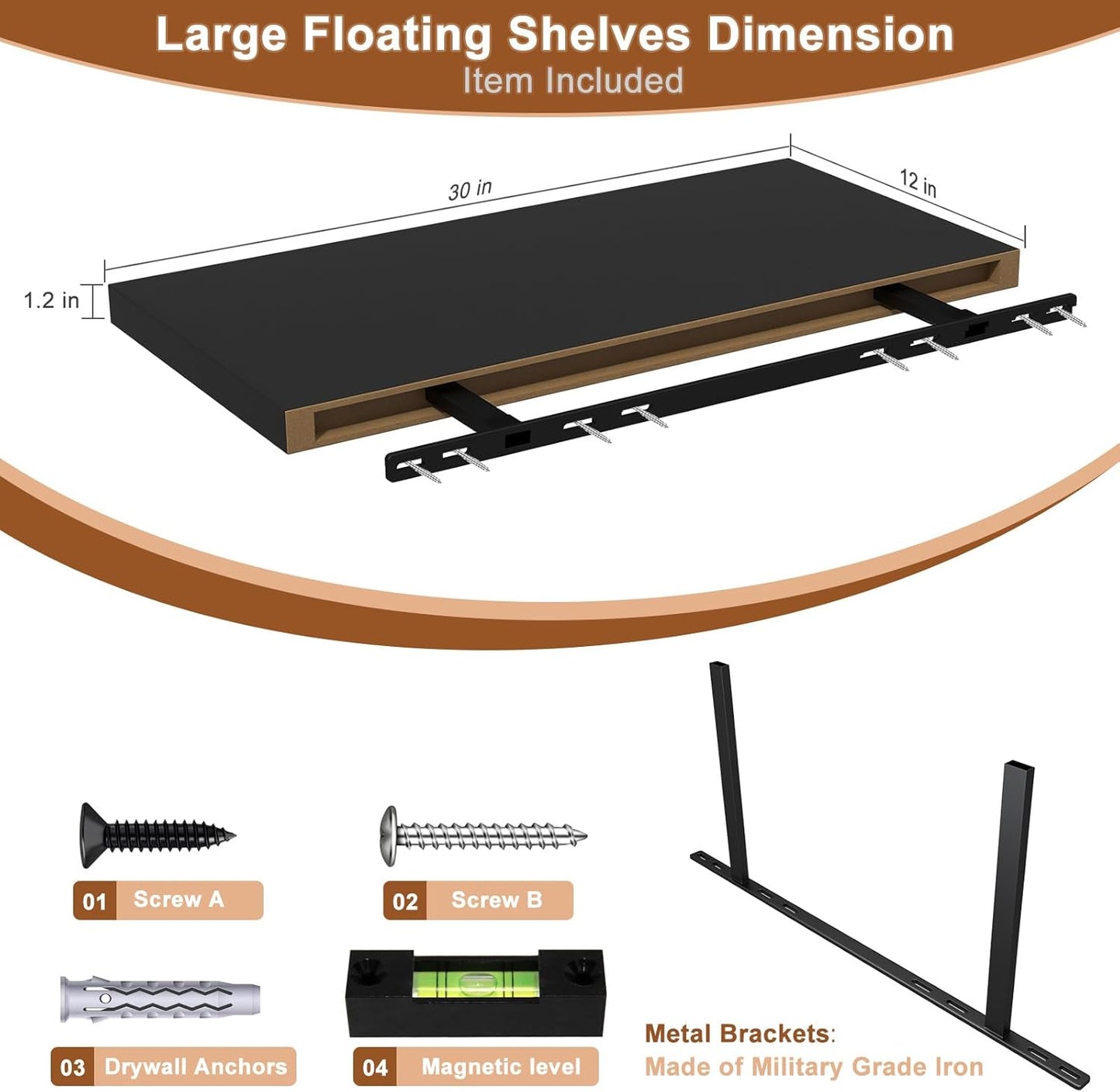 12 Inch Deep Floating Shelves for Wall 2 Pack Floating Shelves Large Storage Space Wall Mount Shelf for Living Room Kitchen Bathroom 30" W x 12" D x 1.2" H Black