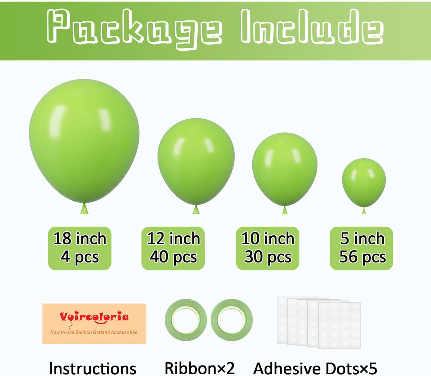 130pcs Lime Green Balloons Different Sizes 18" 12" 10" 5" Light Green Balloons for Birthday Dinosaur Baby Shower St. Patrick's Day Summer Jungle Forest Safari Party Decorations