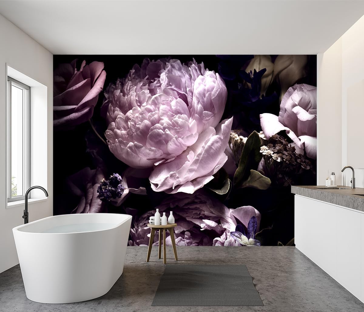 -Black Peony Purple Floral Botanical Fabric Wallpaper Living Room Bedroom Bathroom Dark Flowers Large Wall Mural- 160"x108"( not Peel and Stick)