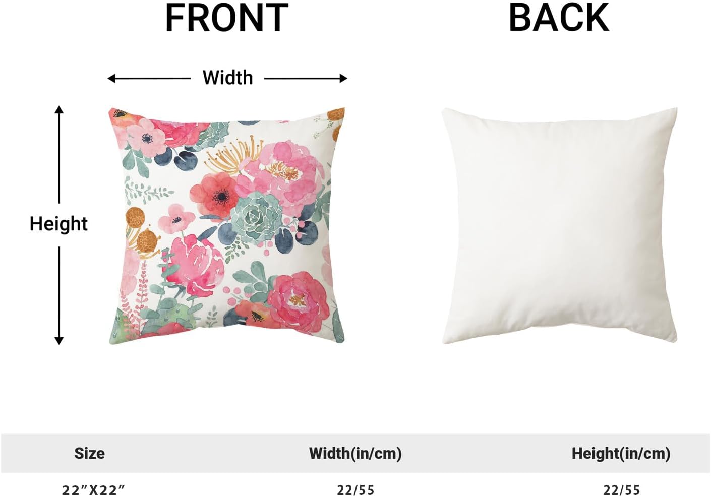 CXMEIFLY Spring Floral Pillow Covers 22 x 22 Inch Set of 2 for Watercolor Pink Flowers Decor Throw Pillows Green Leaves Plant Outdoor Decorative Cushion Cases with Zipper for Couch Bed Decorations
