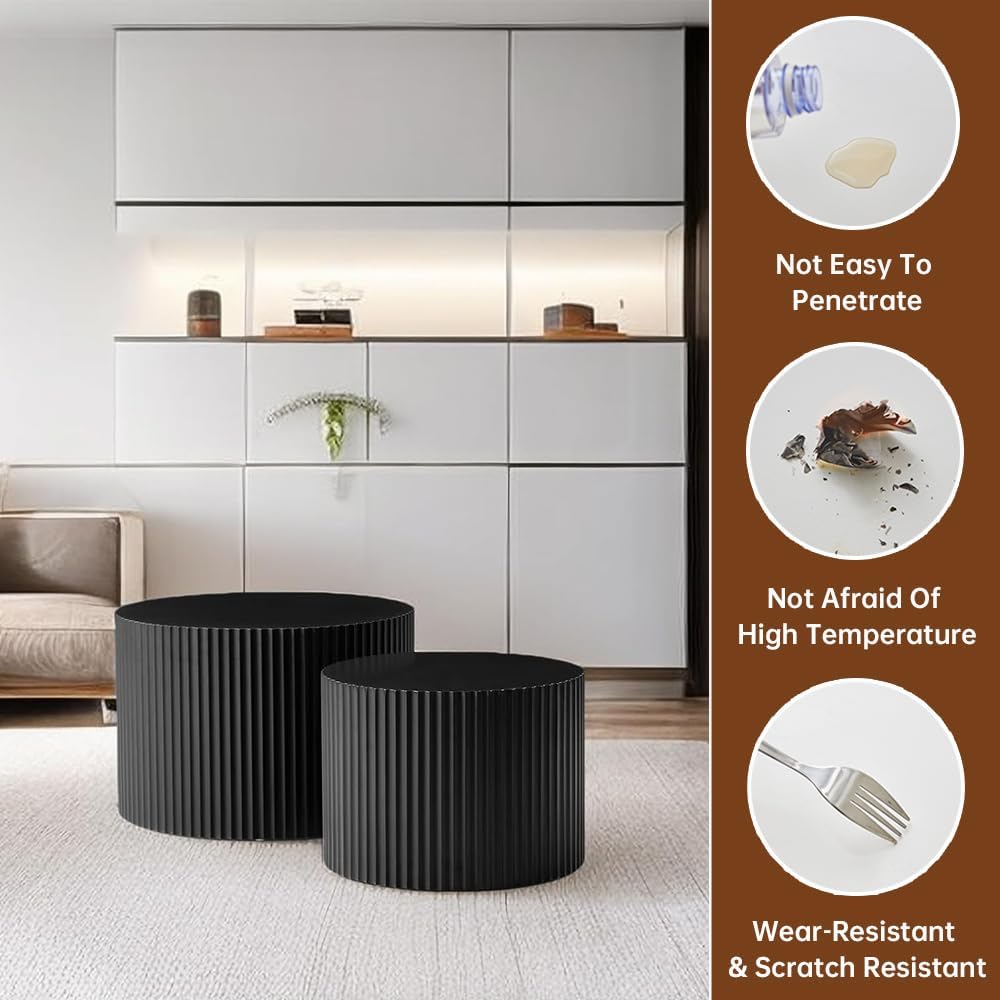 Black Nesting Coffee Table Set of 2 Modern Round Fluted Coffee Table Small Round End Table Side Table Circular Coffee Tables Circle Nested Coffee Tables for Living Room (Black Large)