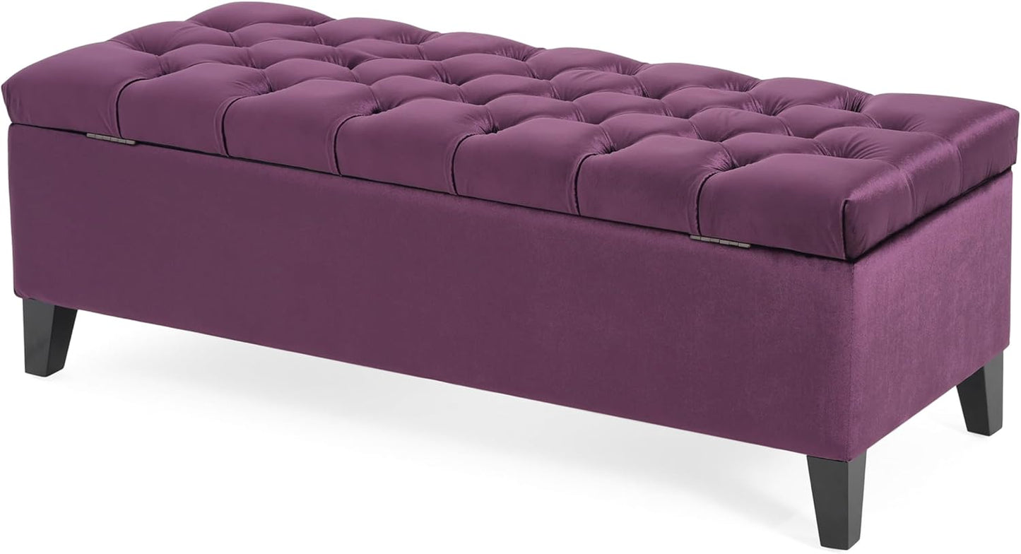 Christopher Knight Home Gloust Velvet Storage Ottoman, Upholstered Rectangular Storage Bench, Living Room Seating, Tufted BottonFoot Rest Stool for Home Office, Entryway and Bedroom, Purple