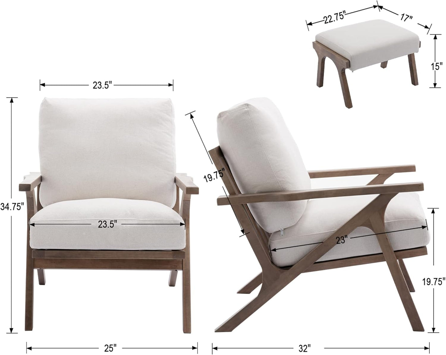 chairus Mid-Century Modern Accent Chair with Ottoman, Linen Fabric Armchair with Wood Legs Comfy Upholstered Single Sofa Chair for Living Room/Bedroom/Lounge, White