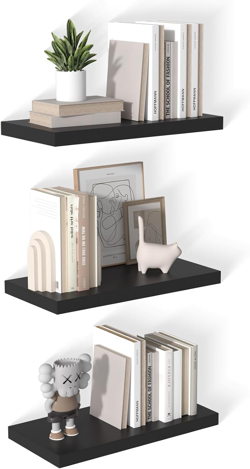 12 Inch Deep Floating Shelves for Wall 3 Pack Floating Shelves Large Storage Space Wall Mount Shelf for Living Room Kitchen Bathroom 24" W x 12" D x 1.2" H Black