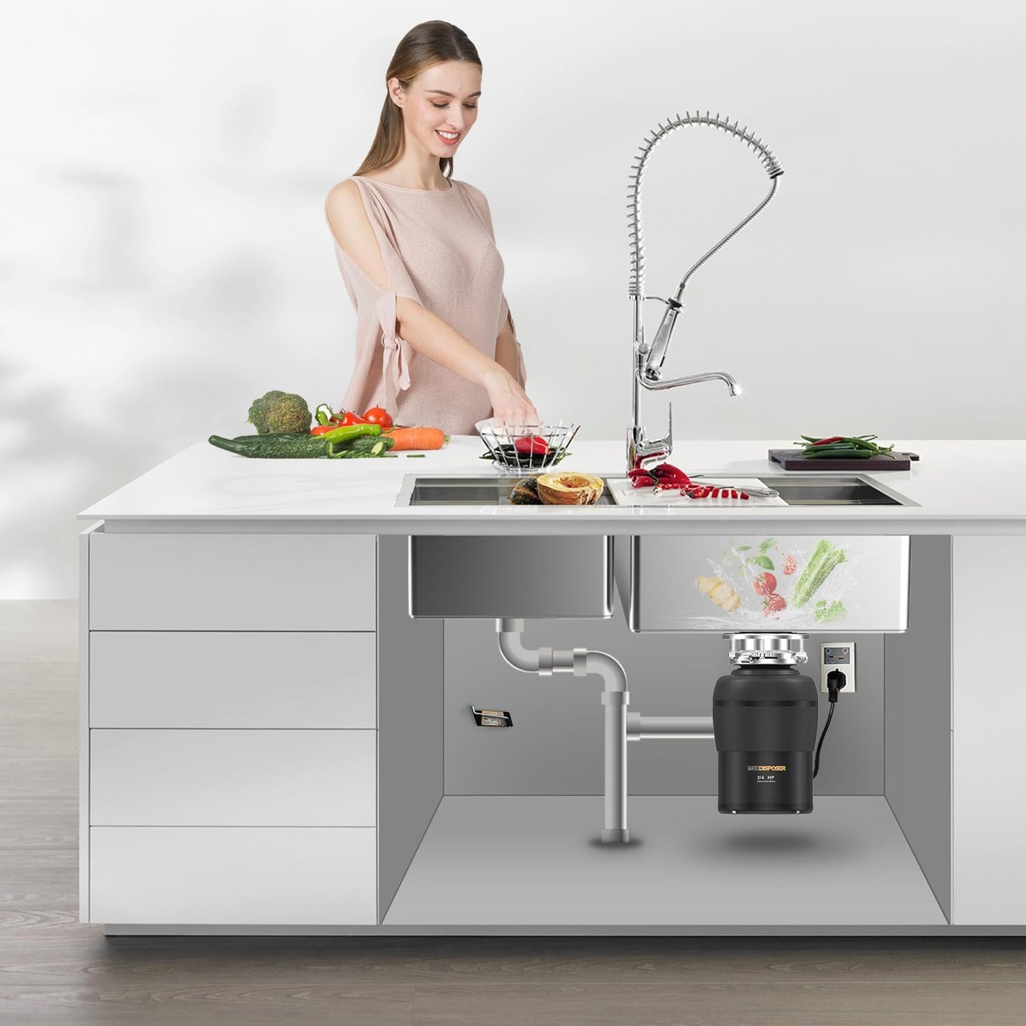 Garbage Disposal 3/4 HP for Kitchen sink Quiet with Stopper Power Cord, Easy install, Continuous Feed Food Waste Disposer Stainless Steel Grind 0.75 Horsepower AC Motor Unit (MAX-4)