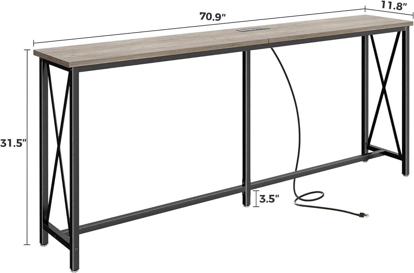 SUPERJARE 70 Inch Console Table with Outlets and USB-C Port, Extra Long Behind Couch Sofa Table with X-Shaped Design, Narrow for Entryway, Living Room, Metal Frame, Wooden Top, Grey Oak