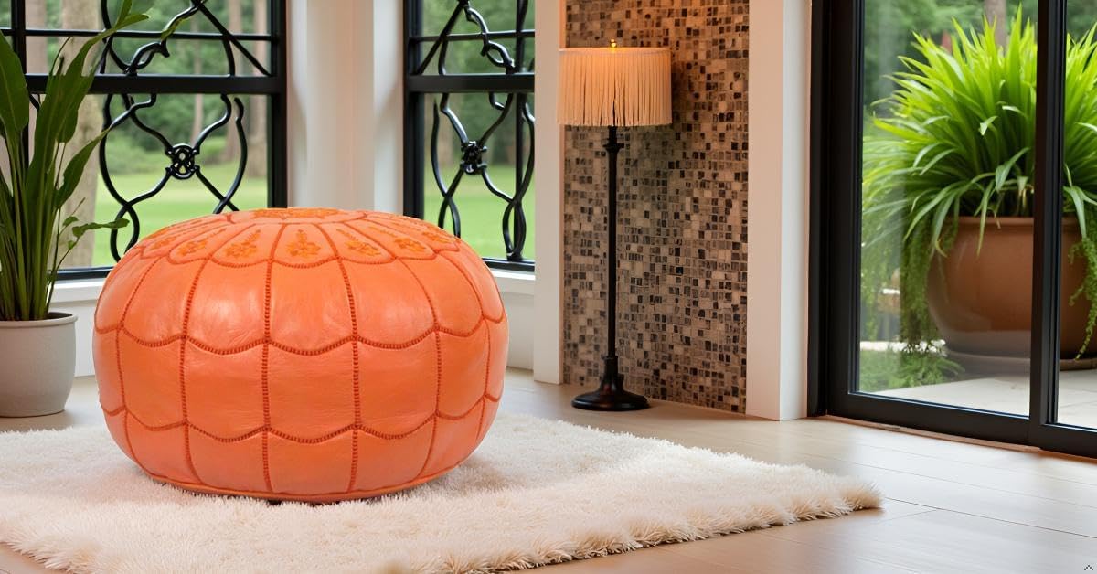 Stuffed Arch Design Moroccan Leather Pouf Ottoman, Handmade, Pre-Filled, 100% Genuine Leather, 14” Height x 22” Diameter – Boho Chic Footstool & Living Room Décor (Orange)