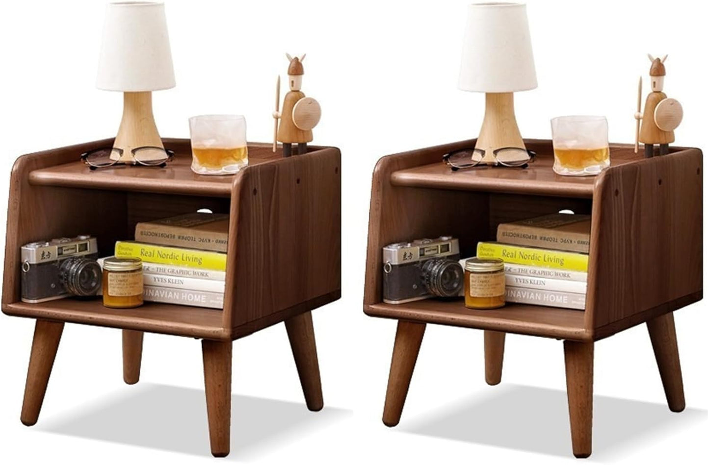 Small Nightstand, 100% Solid Oak Wood Bedside Table, Mid Century Modern Nightstand with Open Storage,Storage Cabinet for Bedroom (2pc Walnut Color)