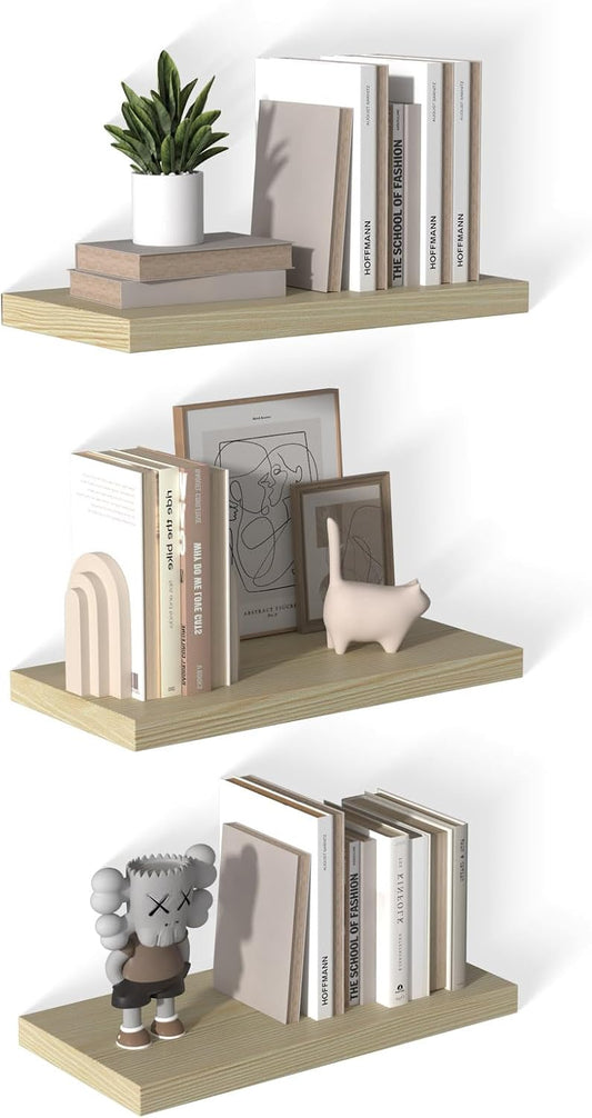 12 Inch Deep Floating Shelves for Wall 3 Pack Floating Shelves Large Storage Space Wall Mount Shelf for Living Room Kitchen Bathroom 24" W x 12" D x 1.2" H Oak