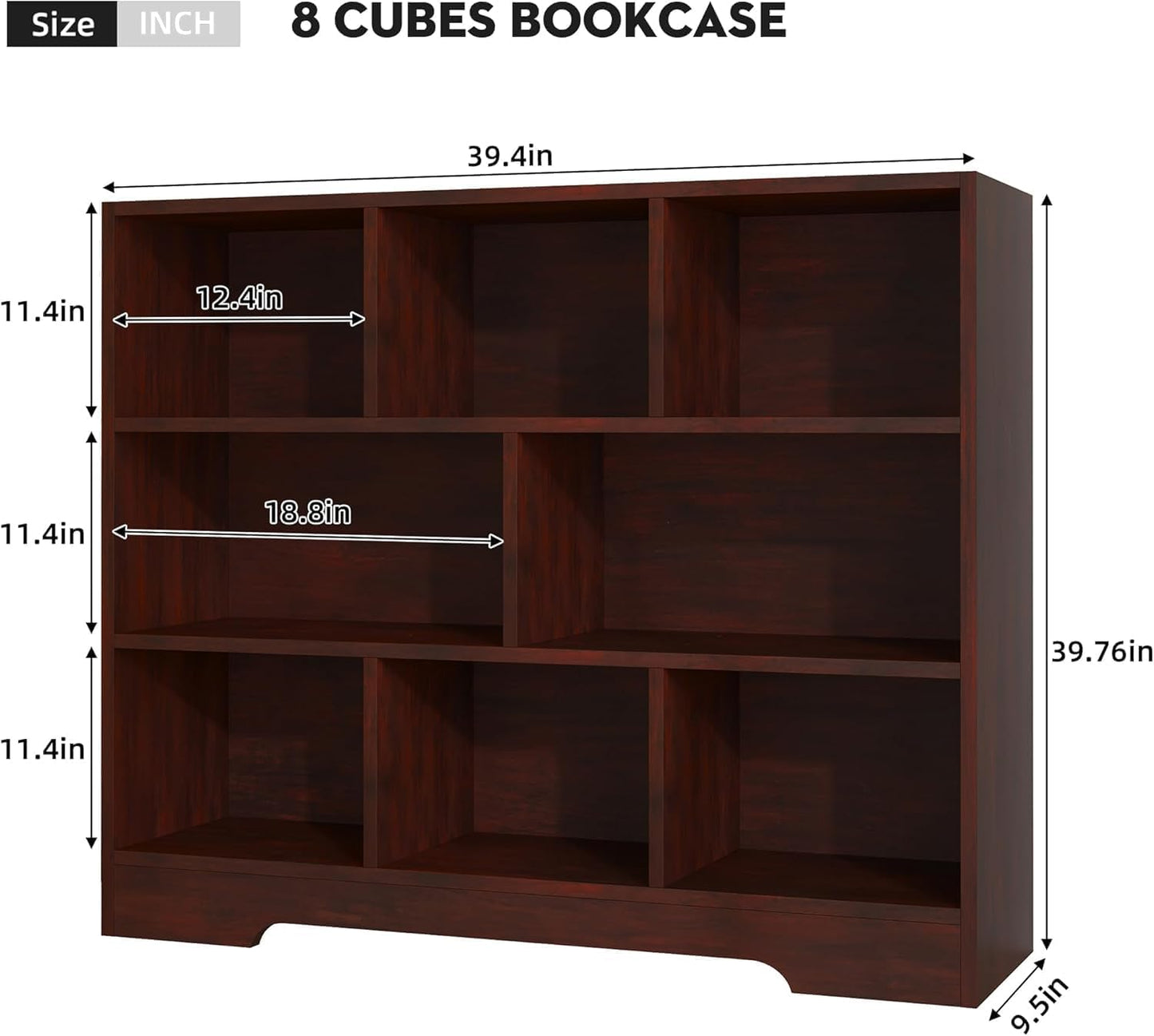 Book Shelf, 8 Cubes Storage Organizer, 3-Tier Open Shelf Wooden Bookcase, Freestanding Cherry Bookshelf Cube Shelf for Bedroom, Living Room