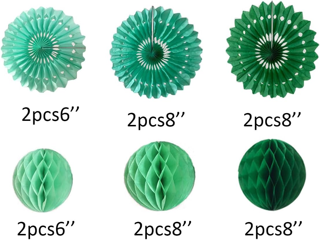 12pcs 6’’ 8’’ Honeycomb Balls Tissue Paper Fans Party Honeycomb Ball Fans Wall Tissue Pom Poms Flower Balls Hanging Paper Fans for Party Baby Shower Birthday Wedding Nursery Wall Decor(Green Set)