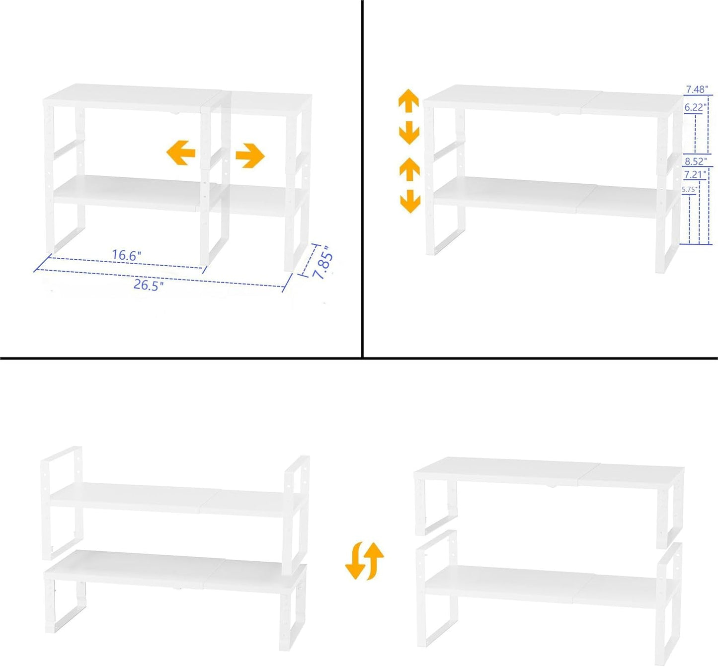Expandable,Stackable Spice Rack,Seasoning Organizer and Storage,Spices Jar Racks for Cabinet,Countertop, Metal Pantry, Cupboard,Laundry Storages,Heavy Duty(2 Packs/Medium/White)