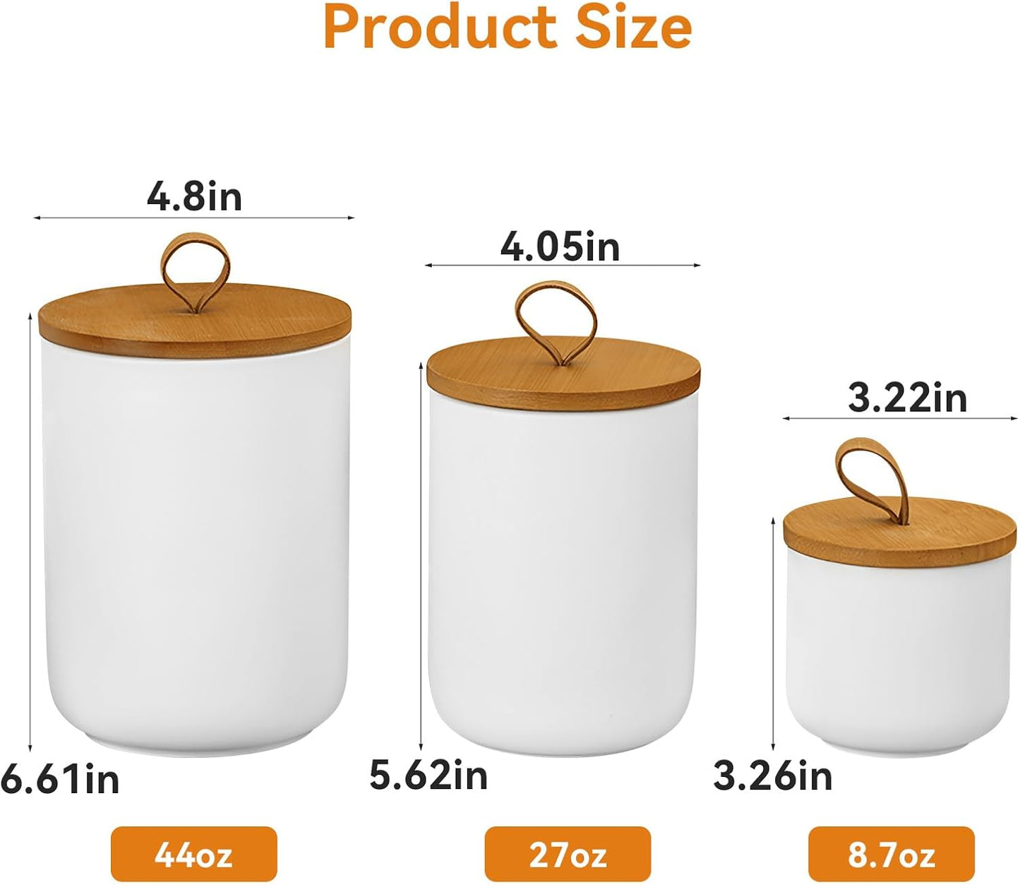 Canister Sets for Kitchen,Ceramic Kitchen Canisters for Countertop with Airtight Wood Lids for Serving Ground Coffee, Tea, Spice, Grains, Sugar, Salt (White Pack of 3 (8.7/27/44 Oz))