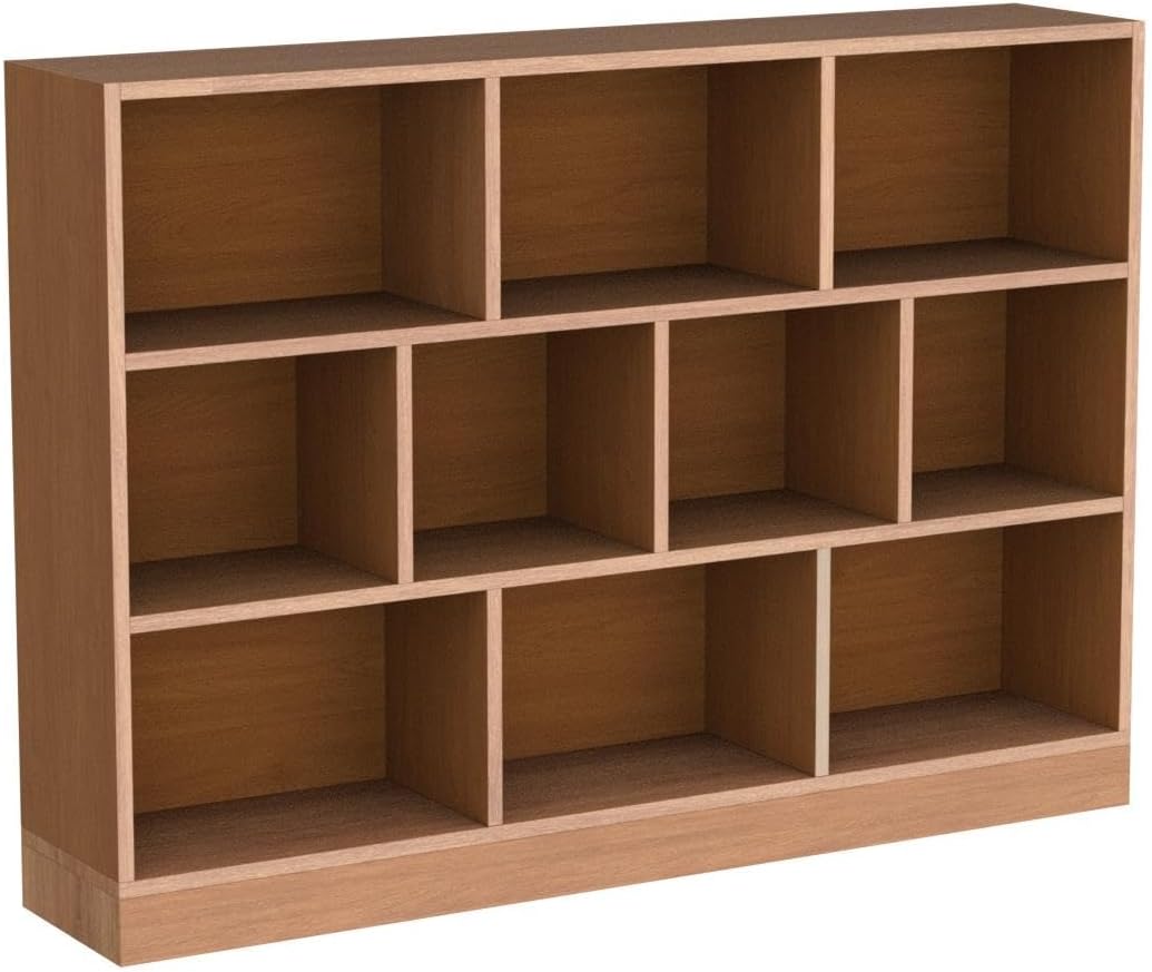 IOTXY Open Shelf Low Bookcase - Wooden 3-Tier Floor Standing Display Cabinet Organizer with Base, 10 Cubes Short Horizontal Bookshelf in Pear Yellow