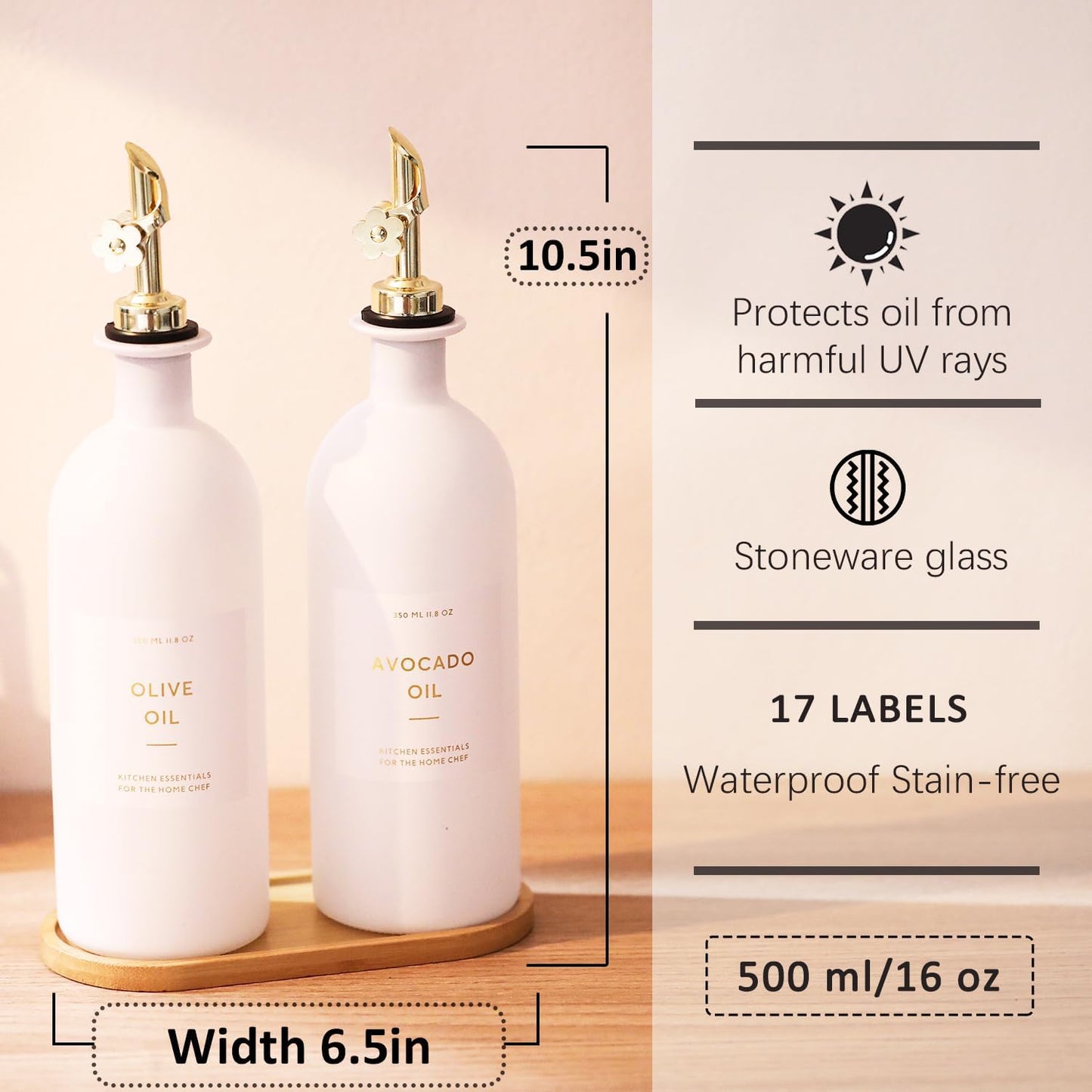 HOMCDALY Olive Oil Dispenser for Kitchen, 16oz Glass Oil Bottles with Bamboo Tray, Gold Oil&Vinegar Cruet Set, Kitchen Dispenser Bottles with Pourer | Set of 2 (16oz – Gold)