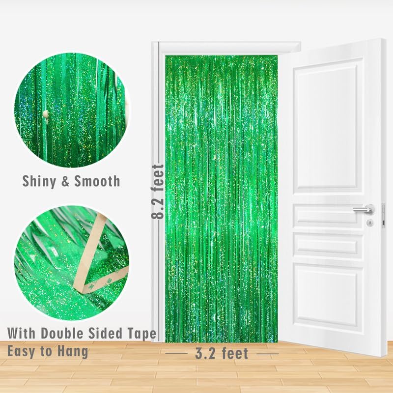 GOER 6.4 ft x 8.2 ft Metallic Tinsel Foil Fringe Curtains Party Photo Backdrop Party Streamers for Birthday,Graduation,New Year Eve Decorations Wedding Decor(2 Packs,Shiny Green)