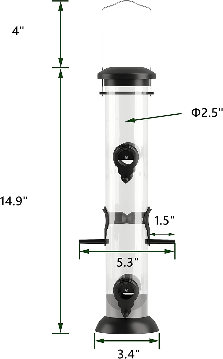 Bird Feeder Premium Hard Plastic for Wild Bird Feeders for Outdoors, Tube Bird Feeders for Outdoors Hanging,14 Inch 6 Port Black, Pack of 1
