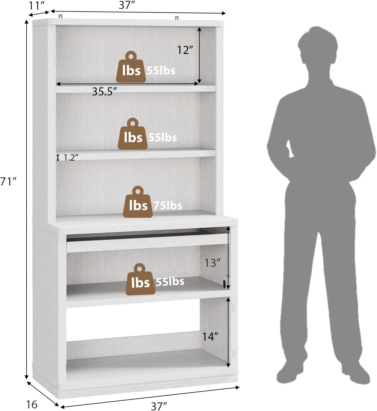 Rresyet 5 Tier Bookcase with Flip-Flop Design, 71" x 37" x 16" Wooden Book Shelf, Extra Bookshelf Storage Organizer, Display Standing Shelf Unit for Home Office, Living Room, Study Room (White)