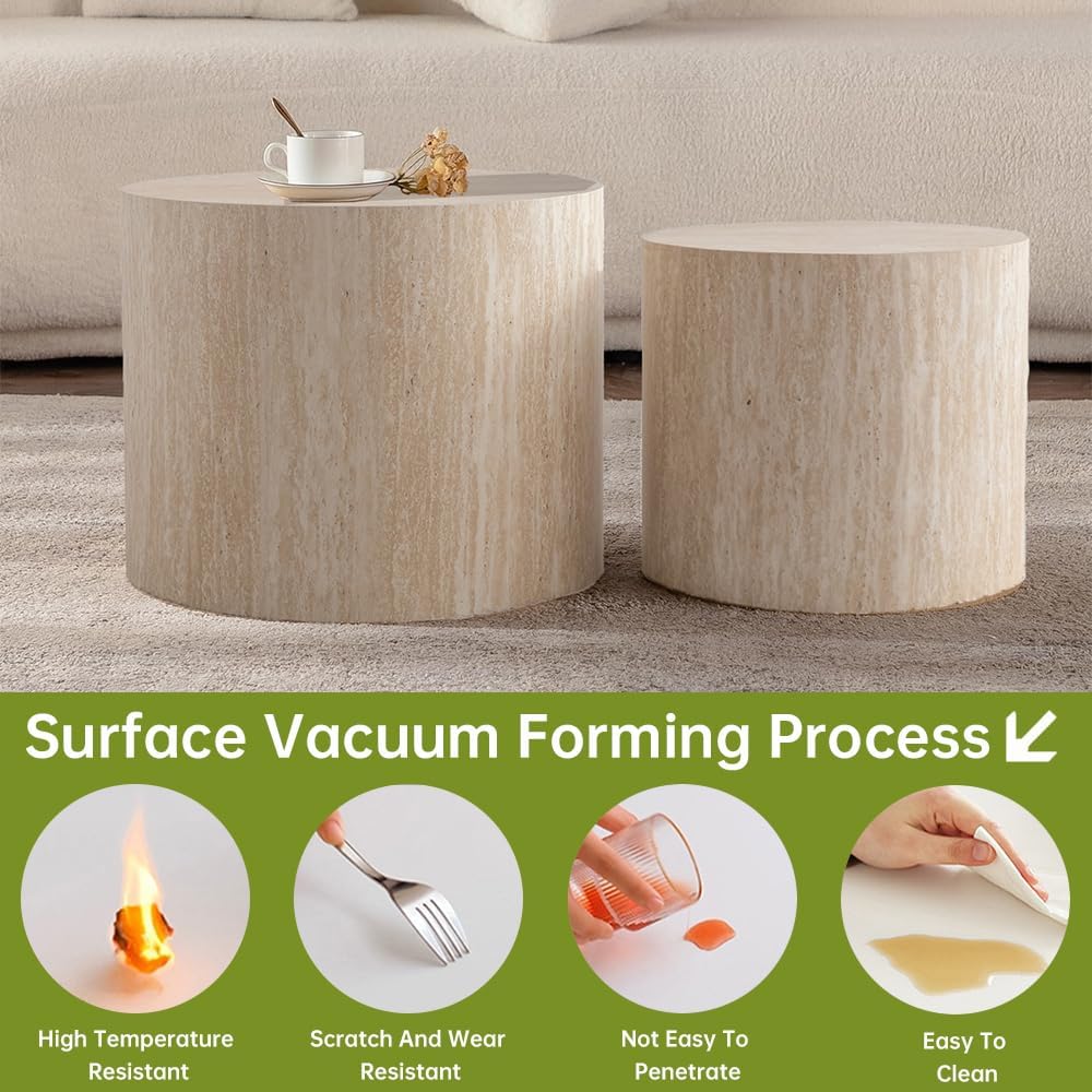 Round Nesting Coffee Table Set of 2 Small Round Coffee Tables for Living Room Modern Fluted Coffee Table Circular End Table Side Table for Small Spaces No Assembly (Travertine, 18 in)