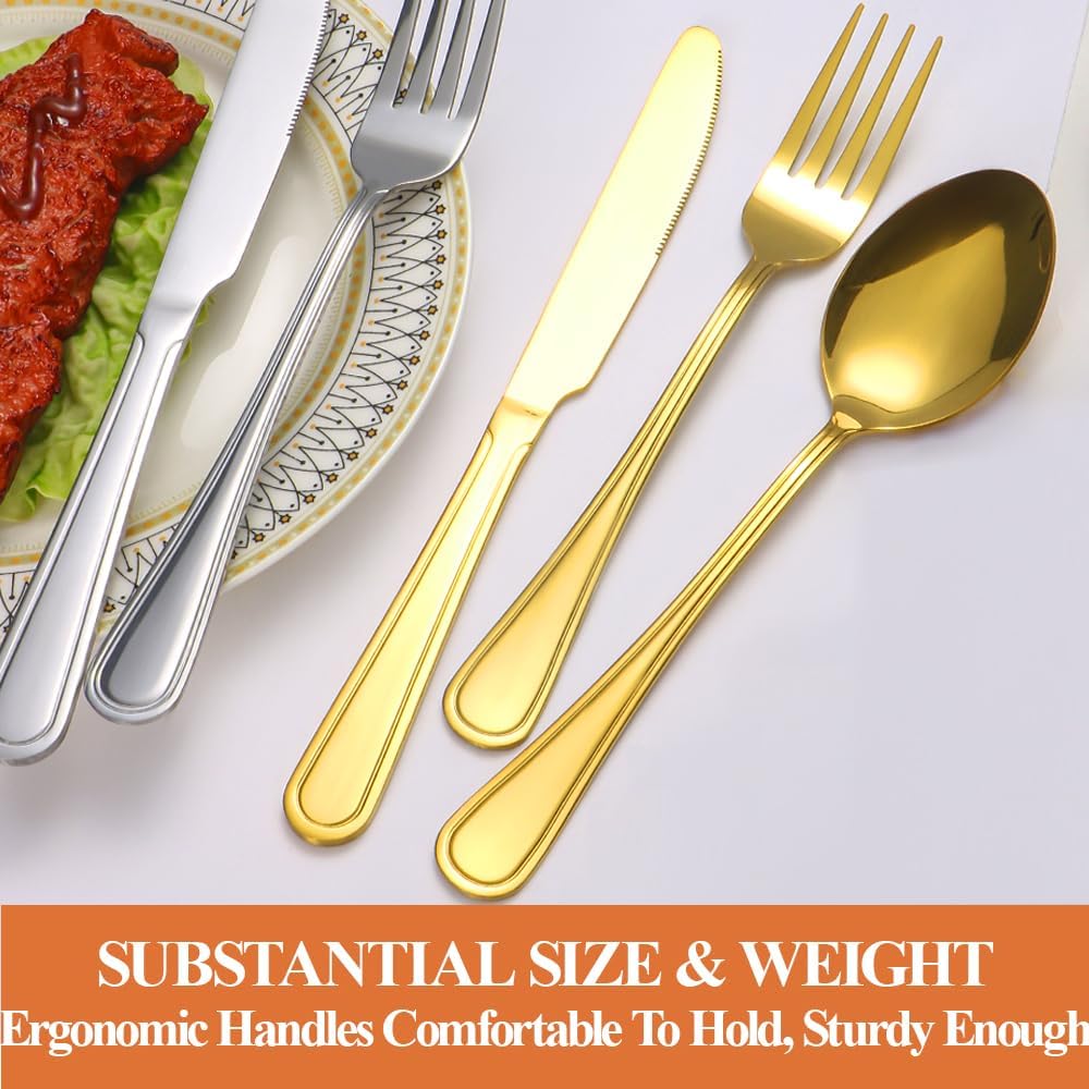 20 Pcs Gold Silverware Set for 4 with Simple Striped Handle Design, Food Grade Stainless Steel Flatware Set, Eating Utensils Sets Include Fork/Knife/Spoon, Cutlery Set, Dishwasher Safe