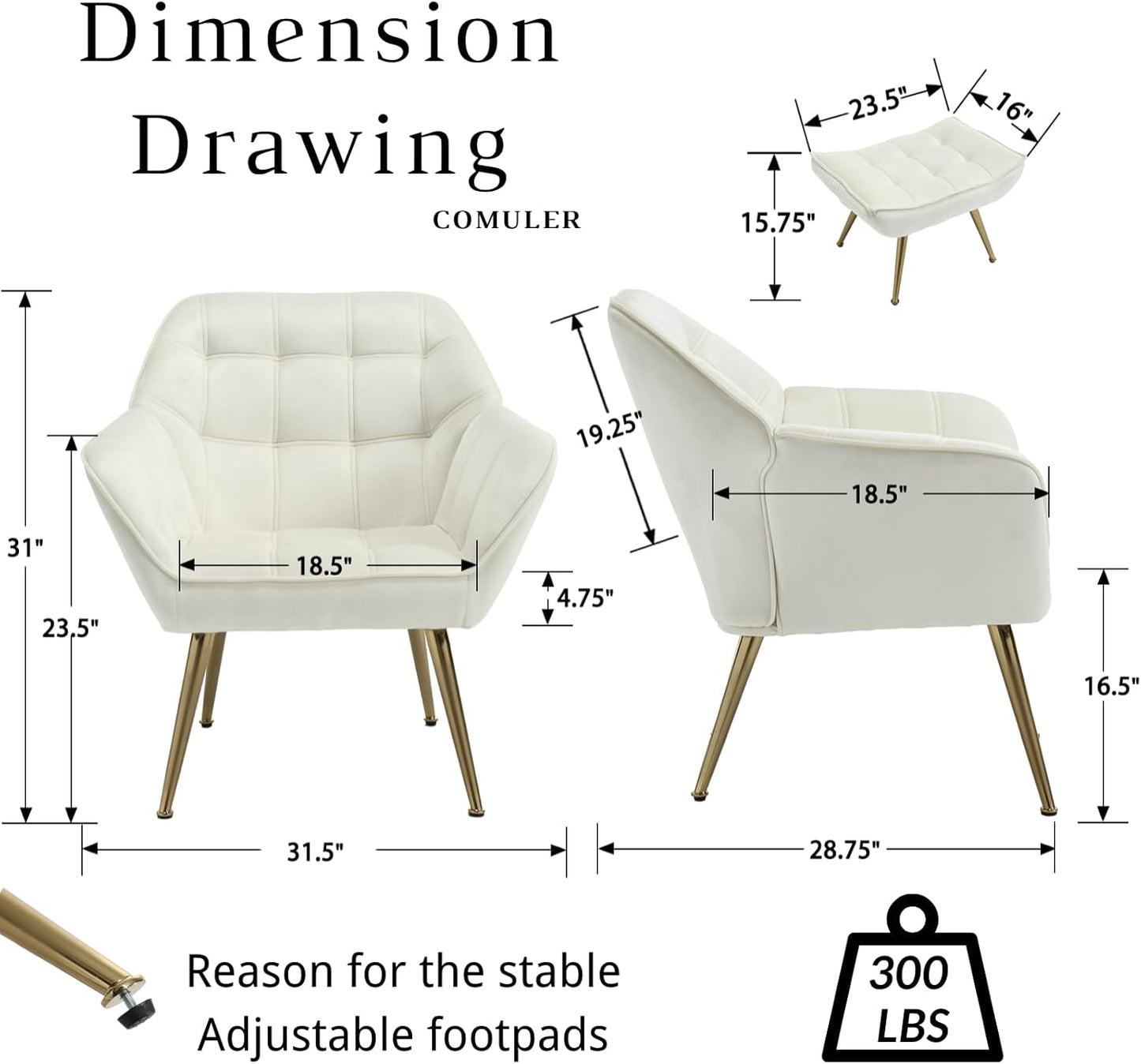 Beige Velvet Accent Chair with Ottoman ,Modern Reading Chair with Ottoman Set, Comfy Fuzzy Armchair Living Room Chair Lounge Chair with Metal Legs for Small Spaces Bedroom Apartment