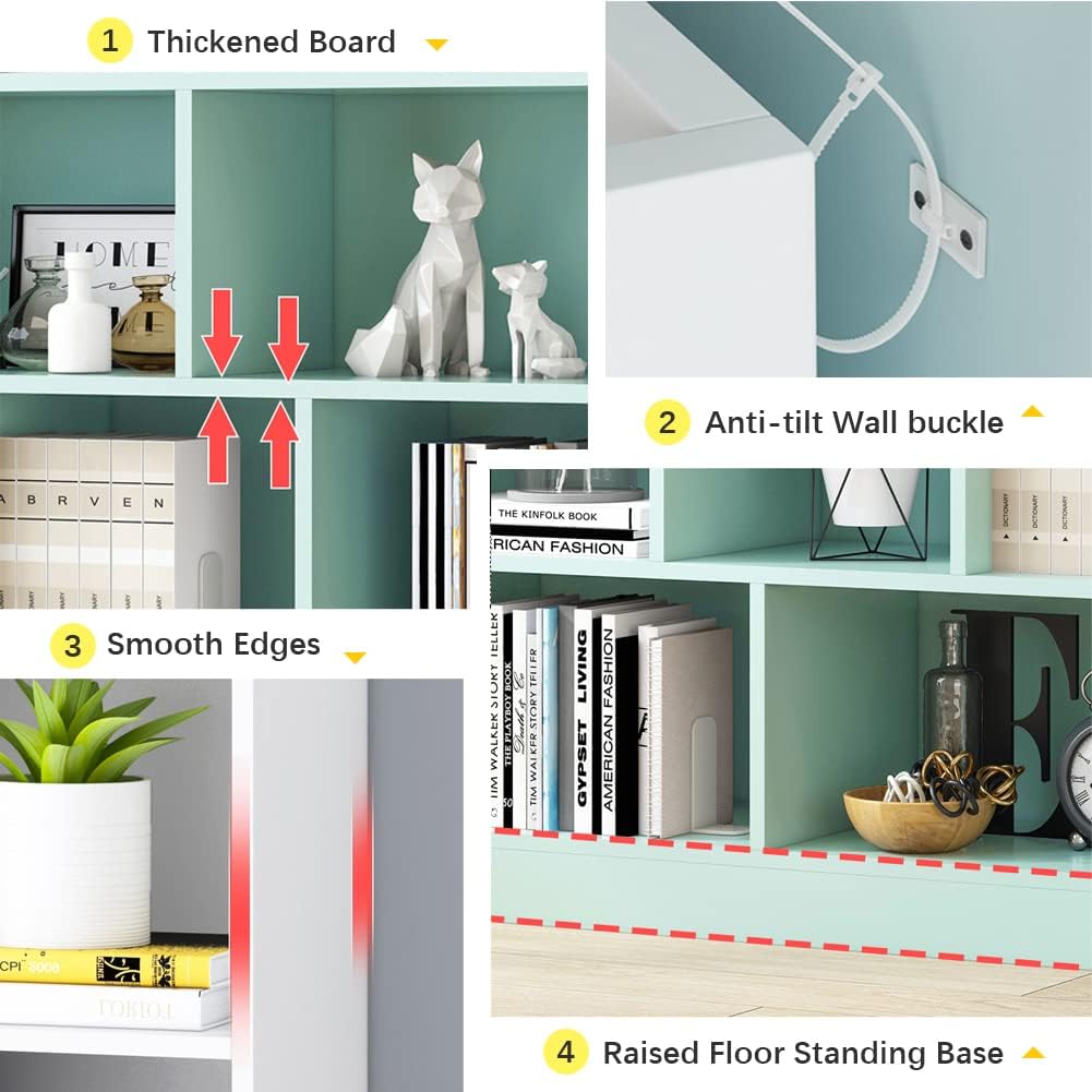 IOTXY Open Shelf Low Bookcase - Wooden 3-Tier Floor Standing Display Cabinet Organizer with Base, 5 Cubes Short Horizontal Bookshelf in Warm White