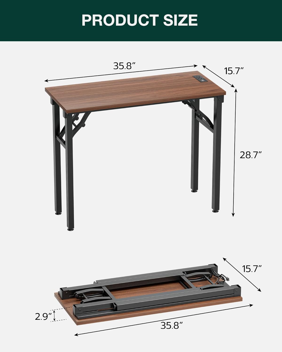 Frylr Small Folding Computer Desk – 35.8 Inch Portable Table for Craft and Study, Lightweight Desk for Small Spaces, Foldable Laptop Table Built-in AC/USB Outlets for Convenience, Dark Walnut