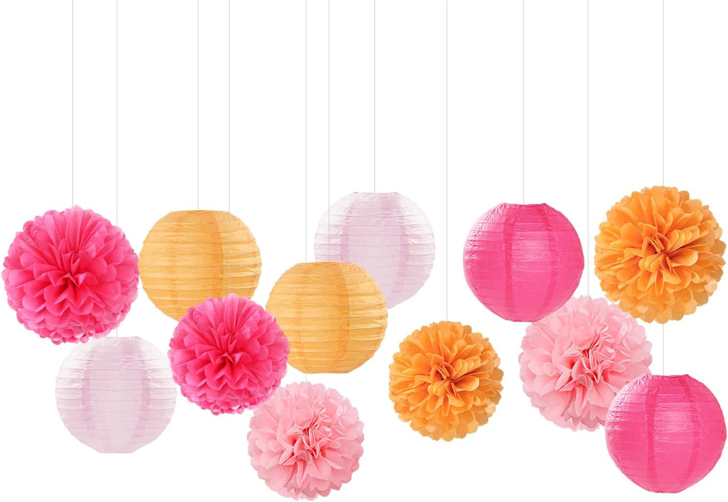 Pink-Orange Party-Decorations Paper-Flowers Lanterns - 15PCS Fall Wedding Birthday Tissue Pom Poms Streamers, Boho Baby Bridal Shower Graduation Sunset Hanging Supplies Decor Hugfond