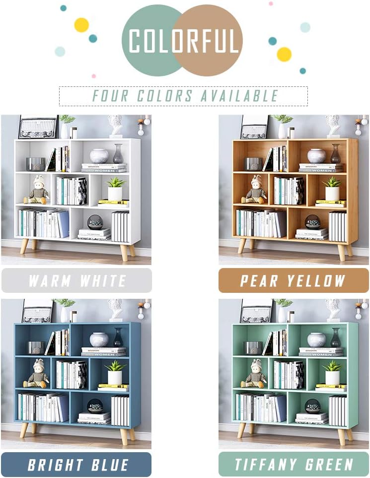 IOTXY Wooden Open Shelf Bookcase - 3-Tier Floor Standing Display Cabinet Rack with Legs, 7 Cubes Bookshelf, Bright Blue