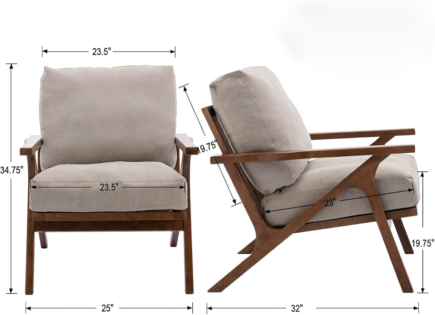 HNY Set of 2 Mid Century Accent Chair, Faux Leather Upholstered Armchair with Wood Frame and Canvas Cushions, Leisure Reading Chair Slipper Chair for Living Room, Bedroom, Beige