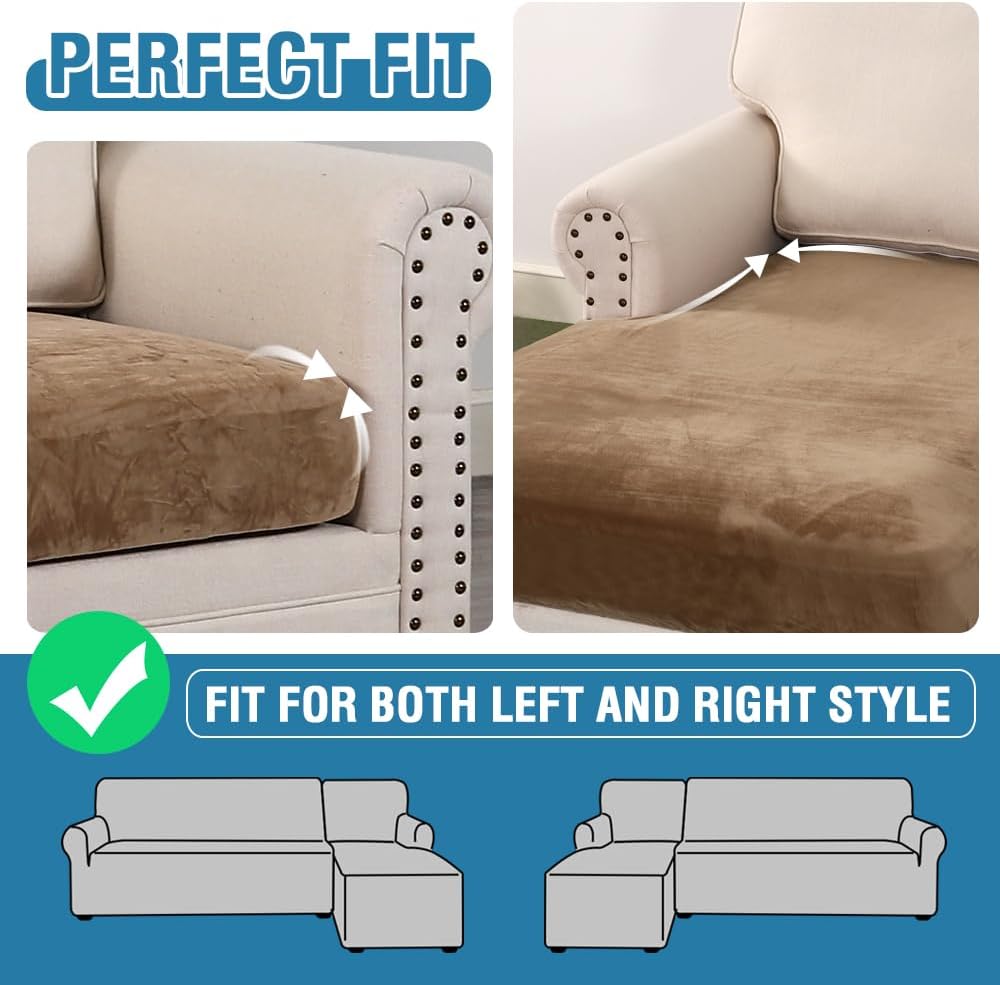 H.VERSAILTEX Velvet Stretch Sectional Couch Cover - 4 Pieces for L Shape Sofa With Separate Seat Cushion Covers - Fits Both Left/Right Sectional (Large 3 Seater + 1 Chaise, Camel)