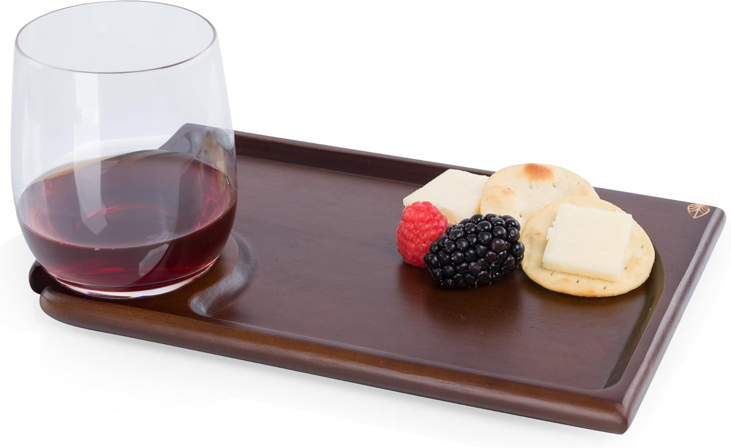 PICNIC TIME Rectangle Wine Appetizer Plates Set of 4, Cocktail Plate with Glass Holder, Cheese Board with Wine Holder, (Stained Parawood)
