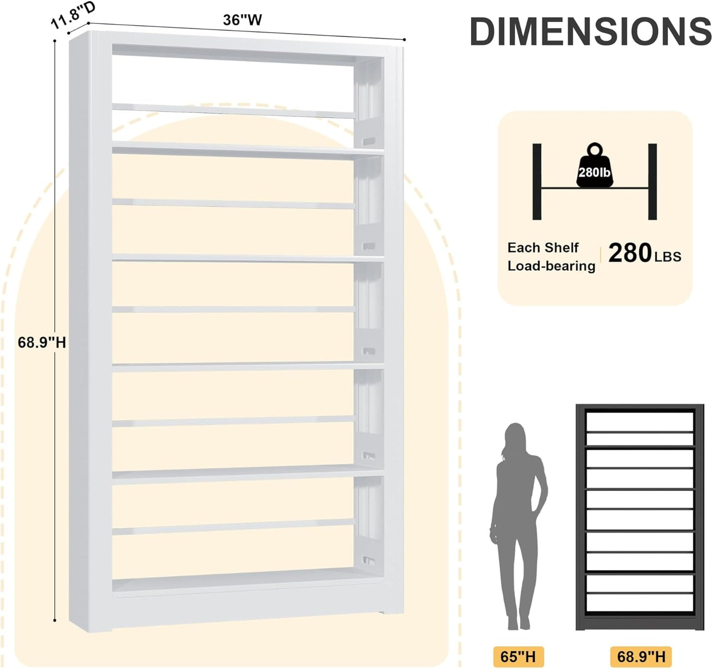 Heavy Duty Metal Bookshelf, 5 Shelf Adjustable Bookcase, 69’’ Tall Modern Bookshelves, Open Book Shelf Organizer, Large Sturdy Book Case for Living Room, Library, Office, White Book Shelf