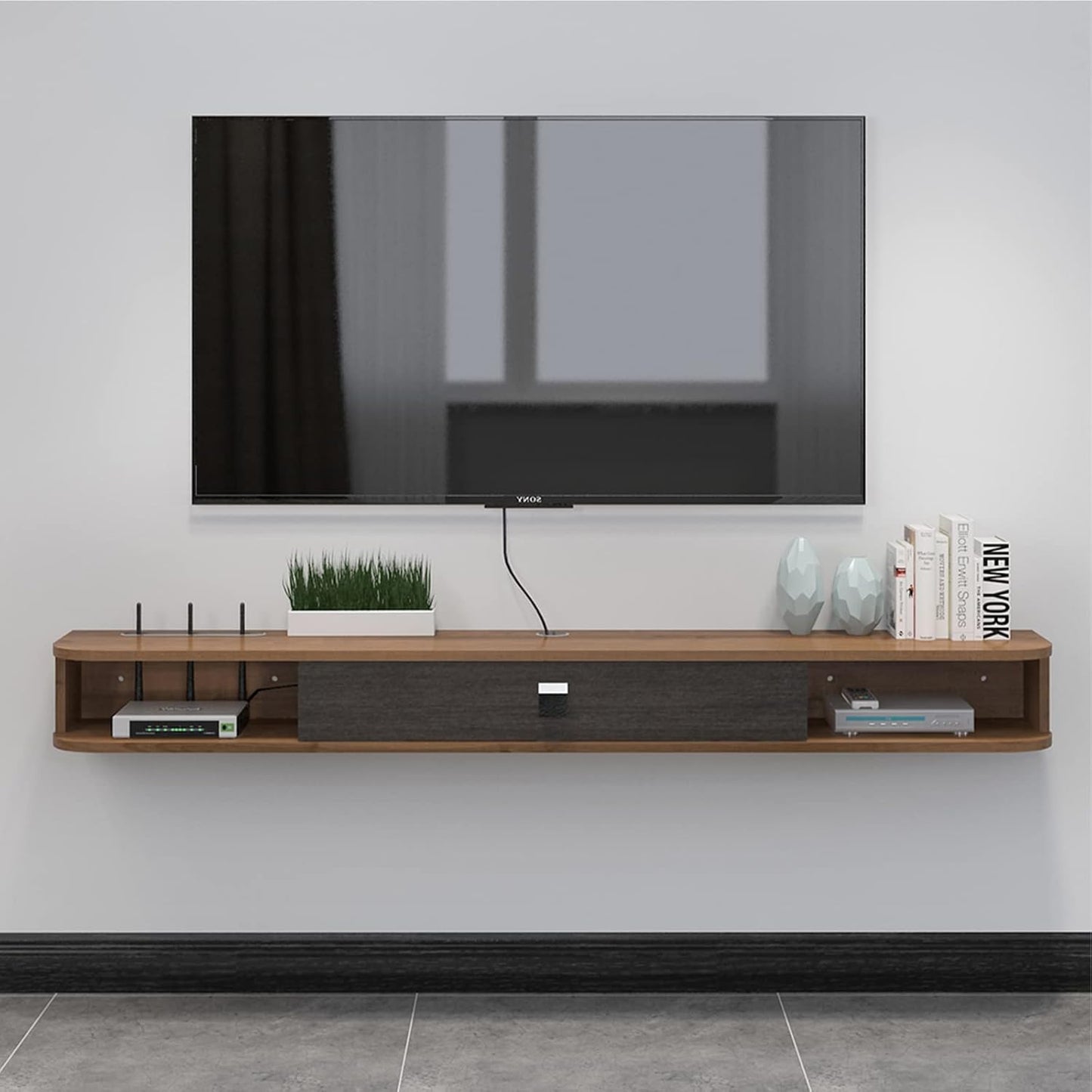 Pmnianhua Floating TV Shelf, 47'' Wall Mounted TV Stand Floating TV Console Media Entertainment Under TV Shelf for Bedroom Livingroom (Walnut)