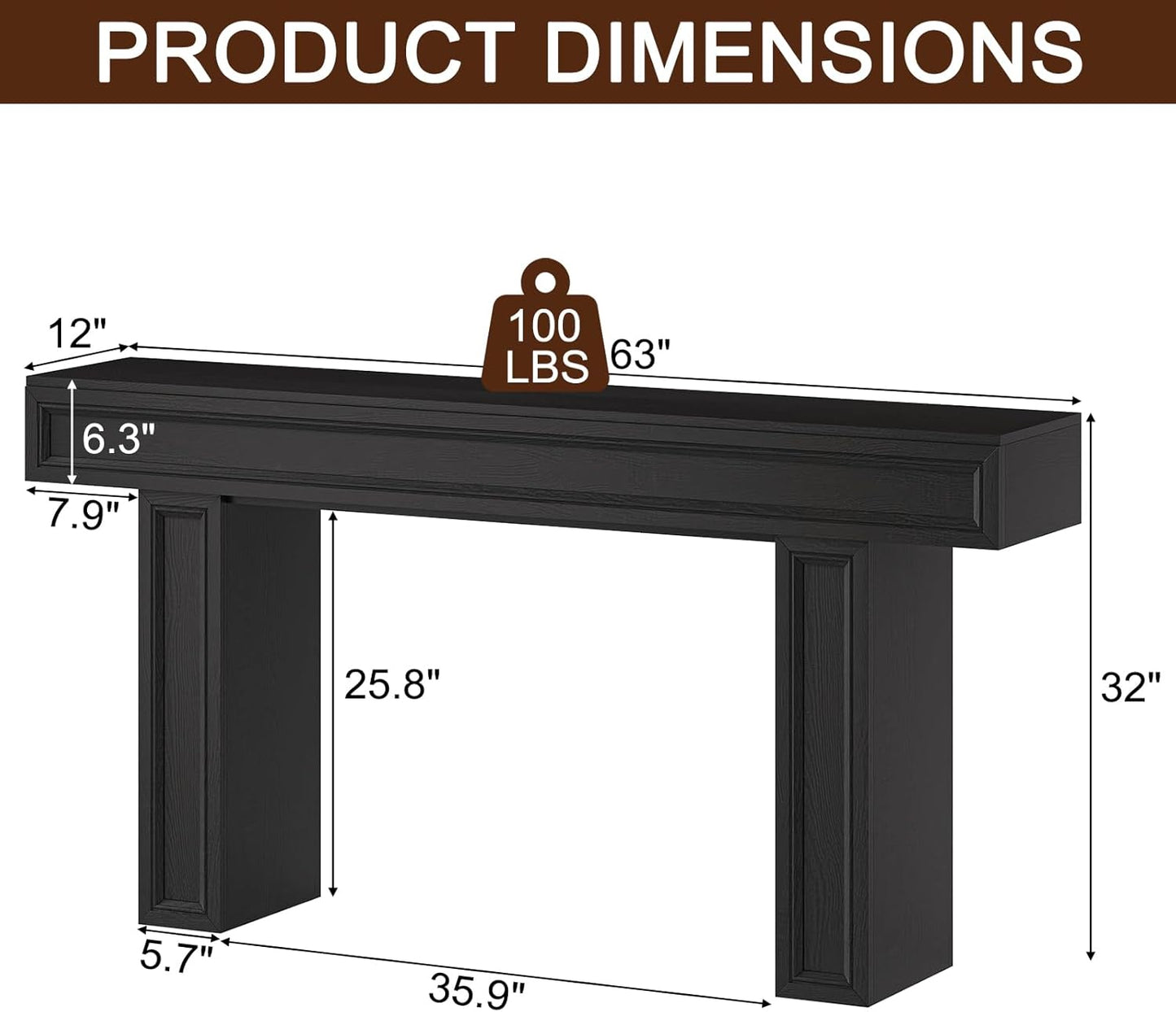 Rresyet 63 Inch Long Console Table, Sofa Table Behind Sofa, Wooden Entryway Table, Farmhouse Entryway Table for Entry, Hallway, Living Room (Black)