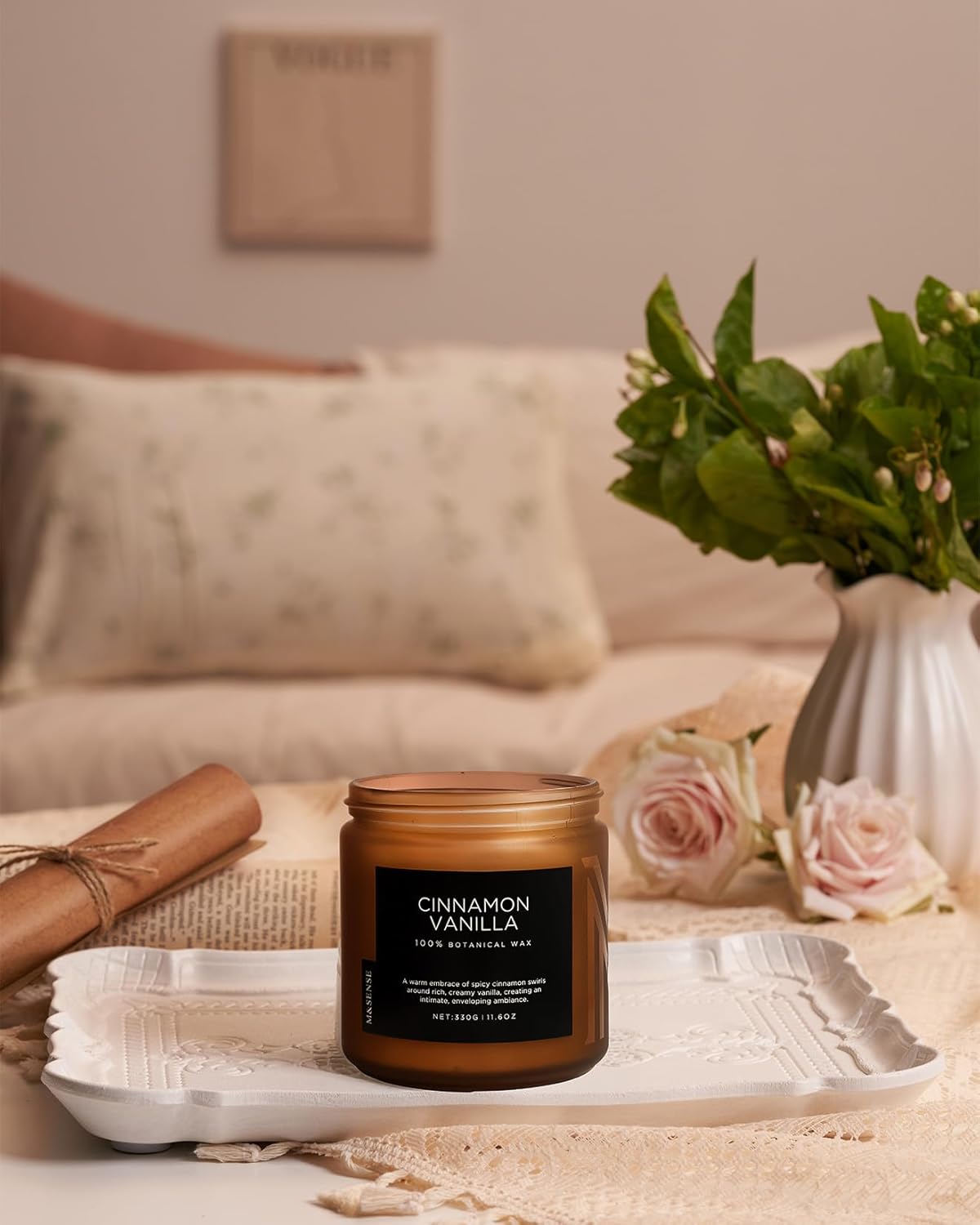 M&SENSE Cinnamon Vanilla Fall Scented Candles for Home, Natural Soy Wax 11.6oz 70 Hours Large Long Lasting Strong Scented Classic Christmas Holiday 2 Wicks Candle Gift Home Decor