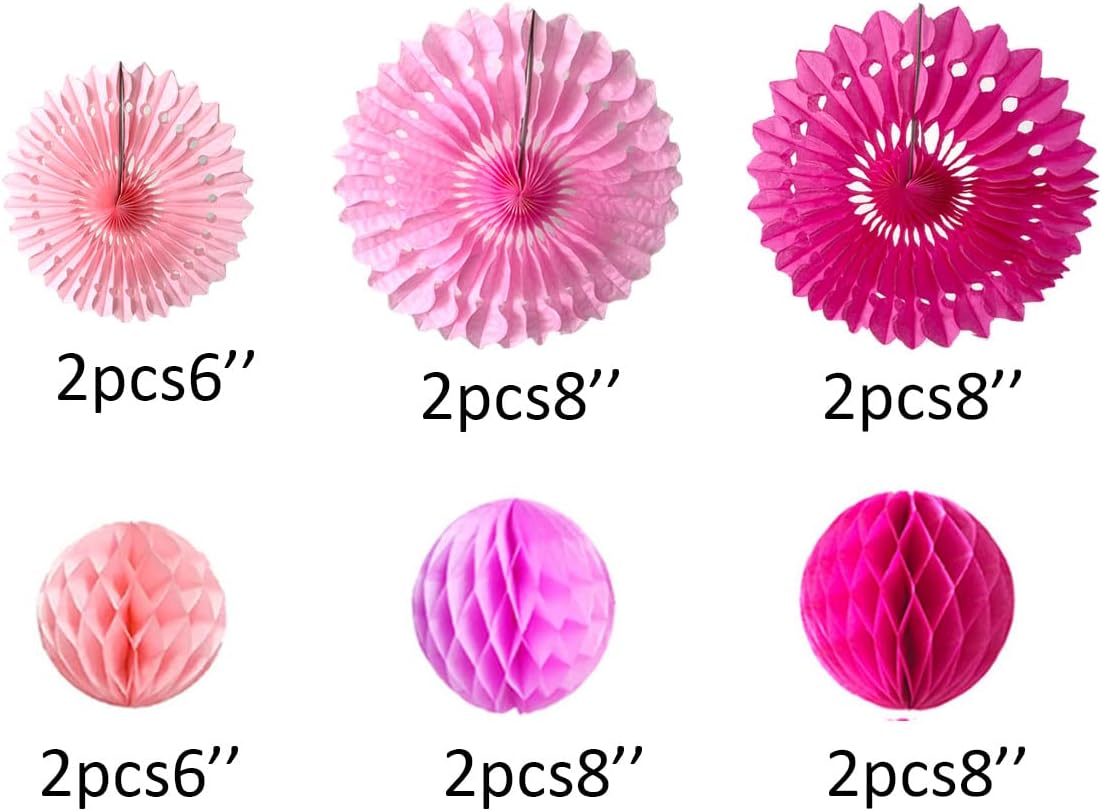 12pcs 6'' 8'' Honeycomb Balls Tissue Paper Fans Party Honeycomb Ball Fans Wall Decorations Tissue Pom Poms Flower Balls Hanging Paper Fans for Party Baby Shower Birthday Wedding Nursery (Pink kit)