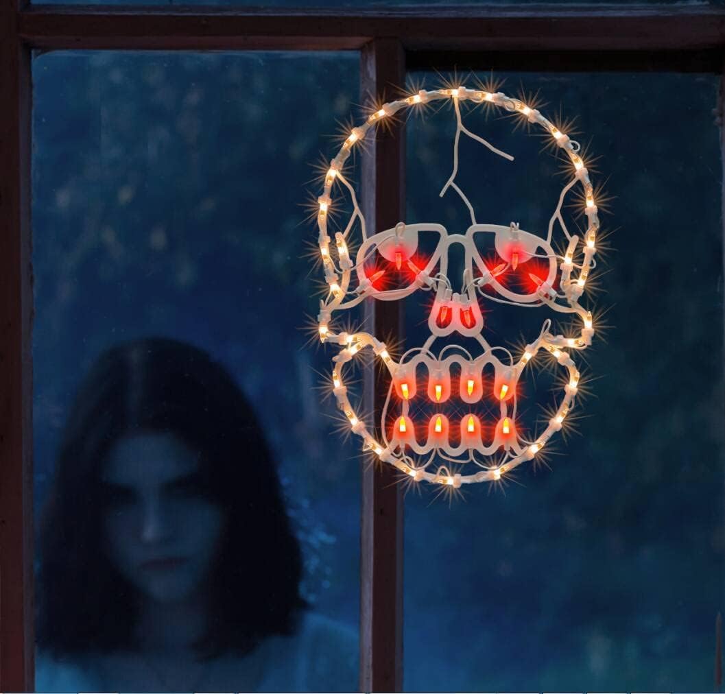 13.3" Lighted Skull Halloween Window Silhouette Decoration,Halloween Lighted Window Decoration,Hanging Light Up Holiday Ornament (Skull Light)