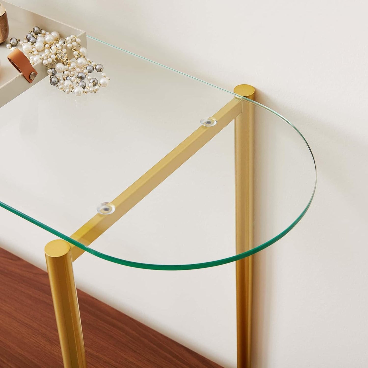 Oval Glass Console Table for Living Room, Foyer & Entrance, 2-Tiers Mid-Century Modern Sofa Table with Clear Glass Top, Walnut Finish Wood Shelf and Gold Finish Frame