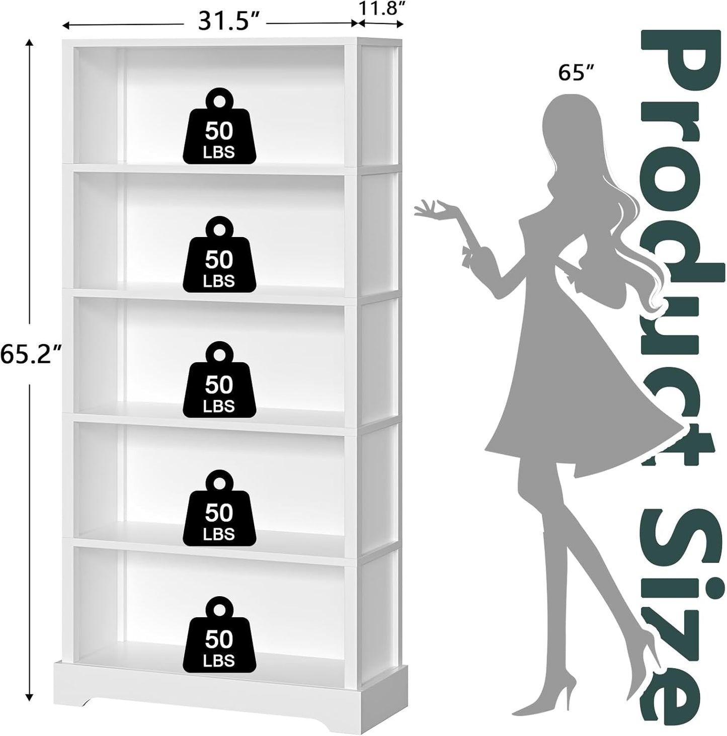 TVU 5-Shelf Wood Bookcase, 65 Inch Tall Bookshelf with Storage, Floor Standing Display Book Shelf,for Living Room Bedroom Study Office, White