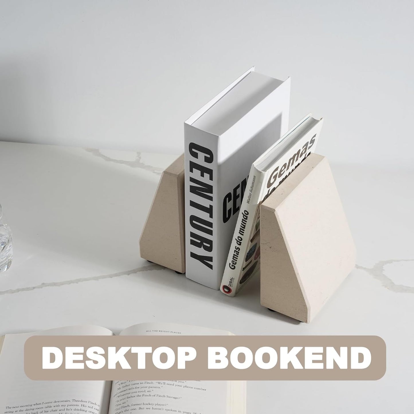 Book End, Natural Marble Bookend for Shelves, Non-Skid Bookends for Heavy Books, Heavy Duty Book Stopper for CDs and Oversized Books, Luxury Book Shelf Holder, Moleanos Beige