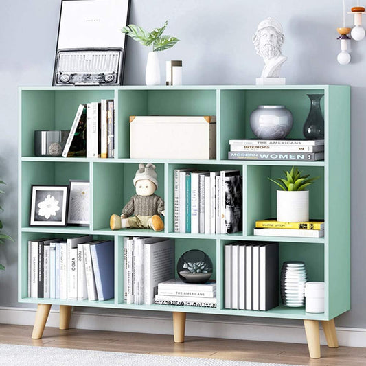 IOTXY Wooden Open Shelf Bookcase - 3-Tier Floor Standing Display Cabinet Rack with Legs, 10 Cubes Bookshelf, Tiffany-Green