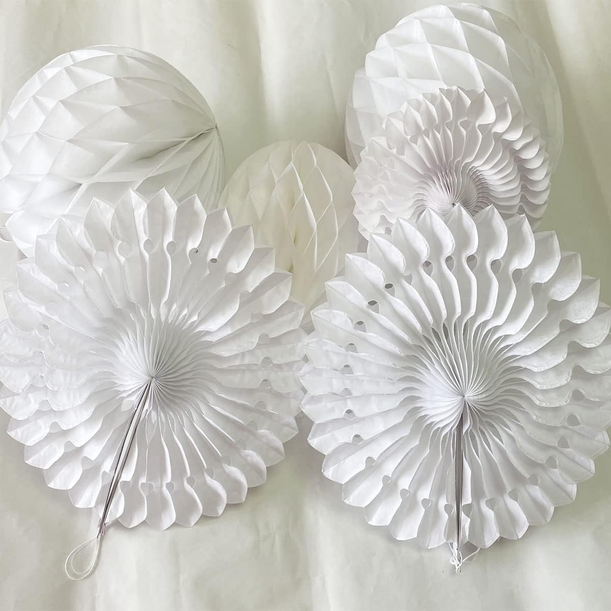 12pcs White Honeycomb Balls Tissue Paper Fans Party Honeycomb Ball Fans wall Decorations Tissue Pom Poms Flower Balls Hanging Paper Fans For Party Baby Shower Birthday Wedding Nursery Decor(white kit)