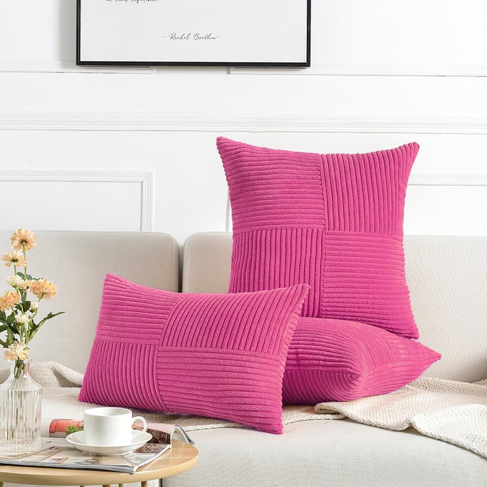 Fancy Homi 2 Packs Hot Pink Decorative Throw Pillow Covers 22x22 Inch for Living Room Couch Bed, Rustic Farmhouse Boho Home Decor, Soft Corss Corduroy Patchwork Accent Square Cushion Case 55x55 cm
