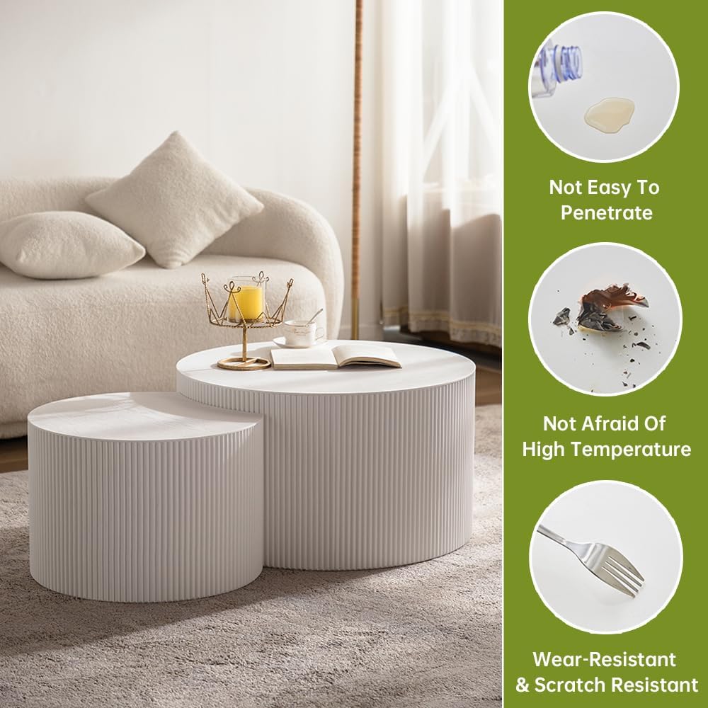 Round Nesting Coffee Table Modern White Fluted Coffee Table Set of 2 Stripe Cream Round Coffee Tables Drum Crescent Side Table Accent End Table for Living Room (White A Large)